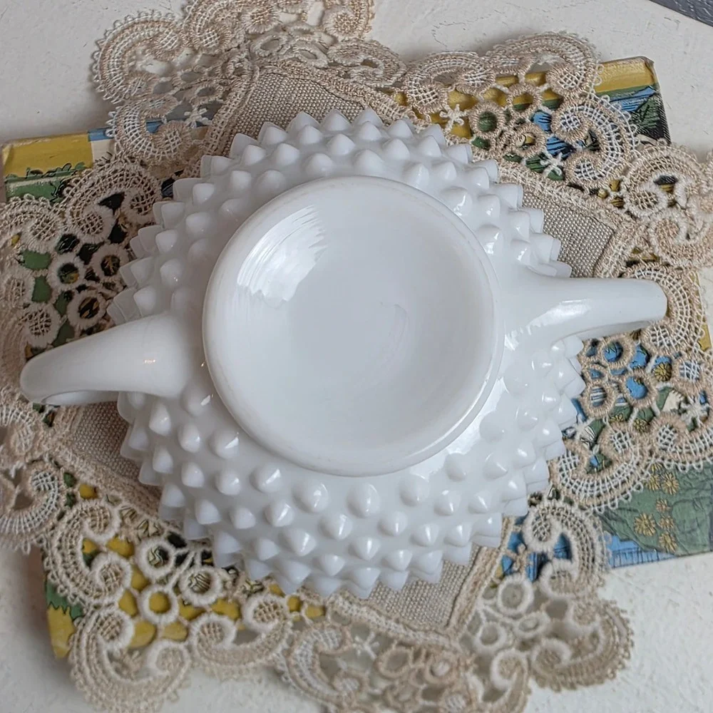 Vintage Fenton Milk Glass Hobnail Candy‎ Dish Double Handled Crimped Edge